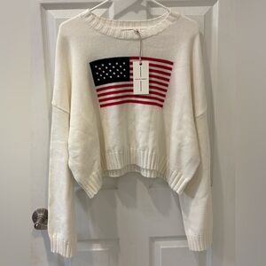 moon & madison Oversized Cropped‎ Sweater with Flag Design